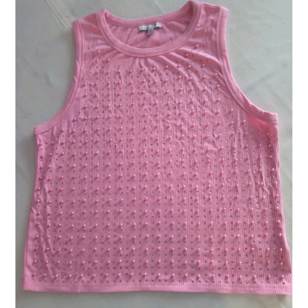 Plus Size 3X Pink Ribbed Tank Top Pearl Beaded Studded Y2K Coquette Stretch - Picture 2 of 10
